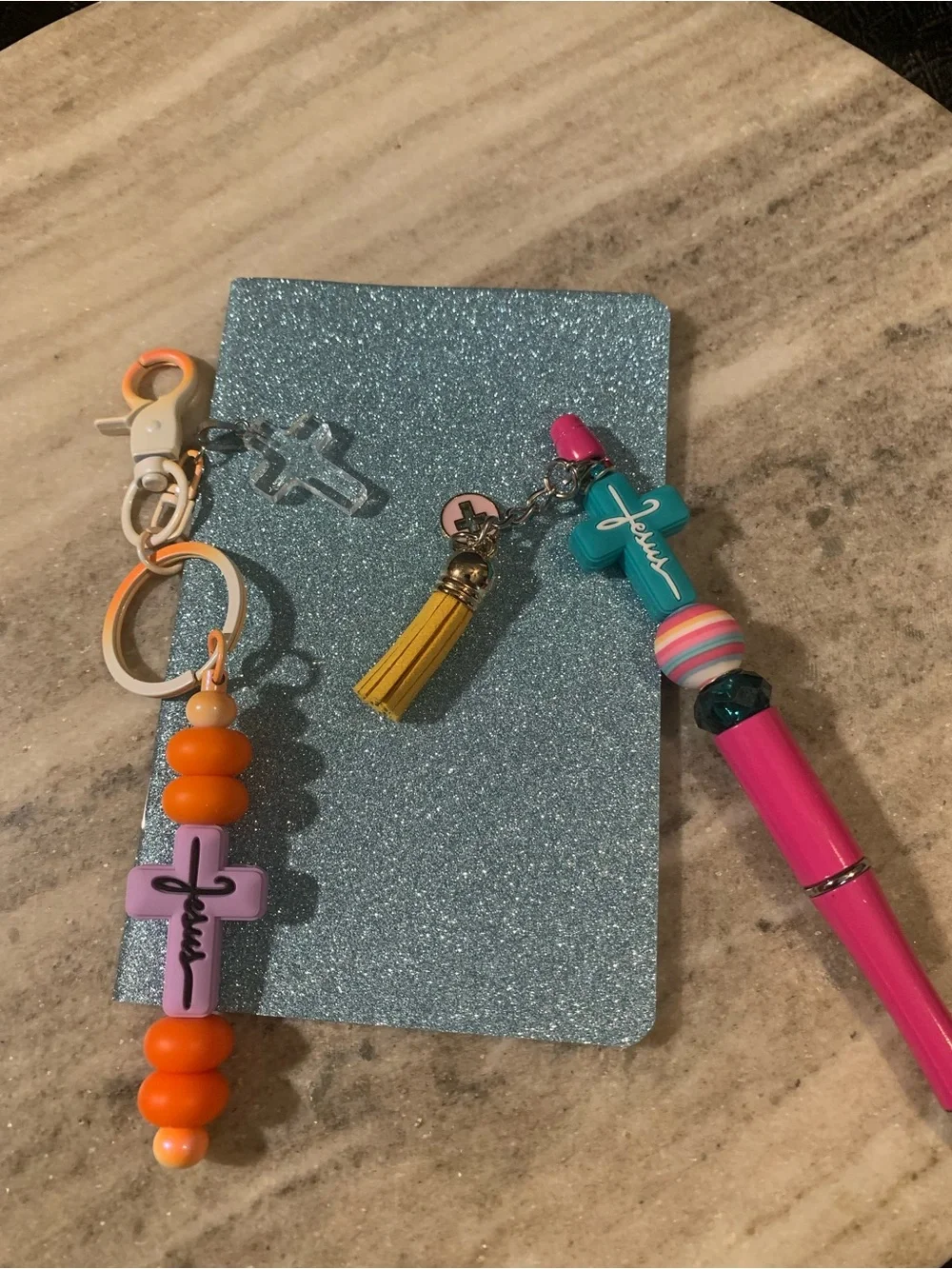 Pink Beaded Pen and Keychain Set with Cross Charm